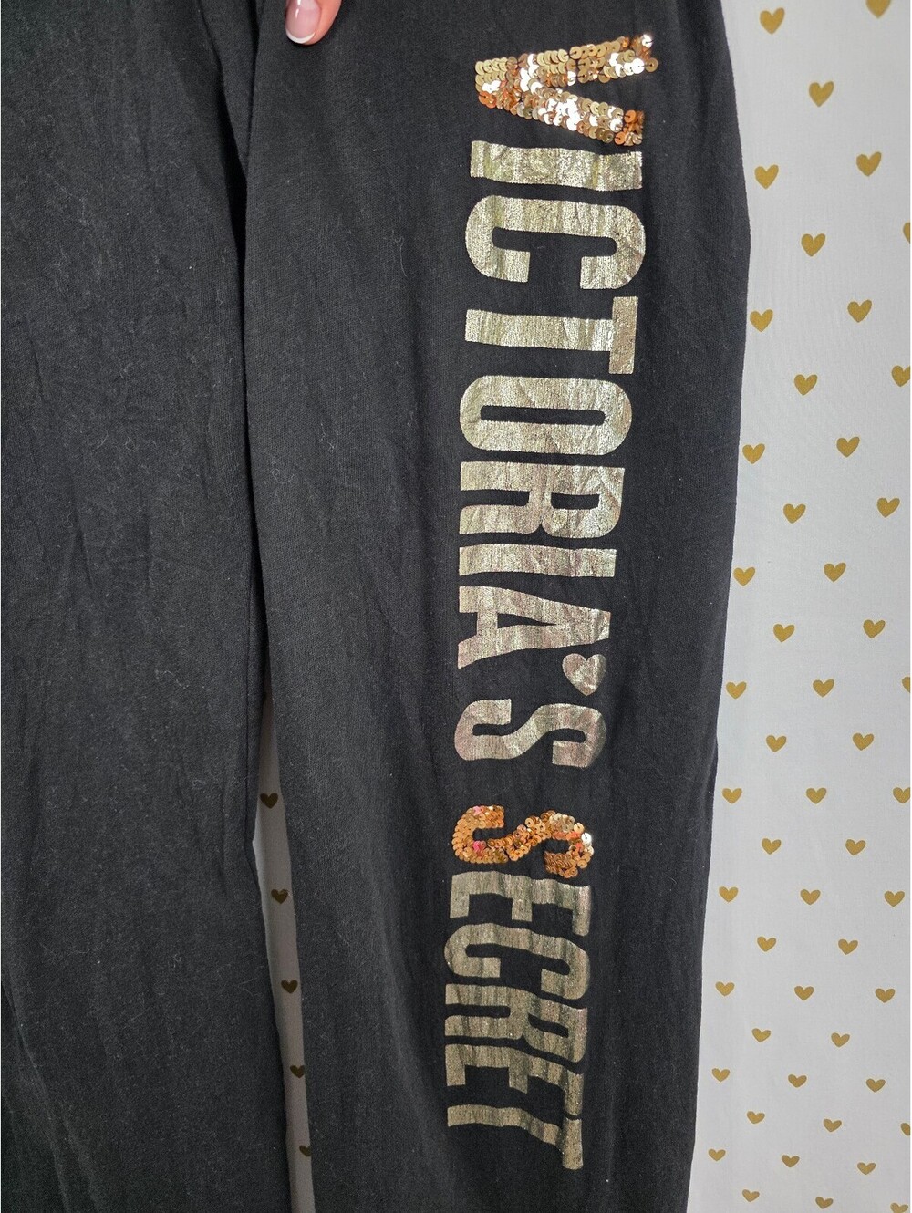 Victorias Secret BLING Logo Sweats Medium Gold Sweatpants Flare Black